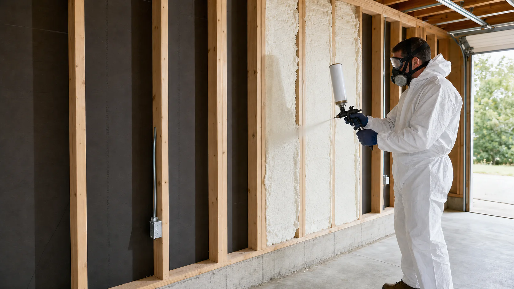 Editorial image of a properly protected installer applying canned surface spray foam to an open stud wall