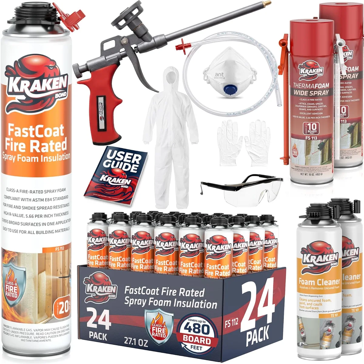 Kraken Bond FastCoat 24-can spray foam insulation kit with gun, cleaner, safety gear and 2 ThermaFoam Wide Spray cans
